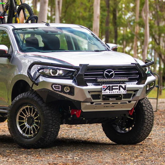 Full Bull Bar Mazda BT50 complete with Fog Light inserts and winch mount. AFN